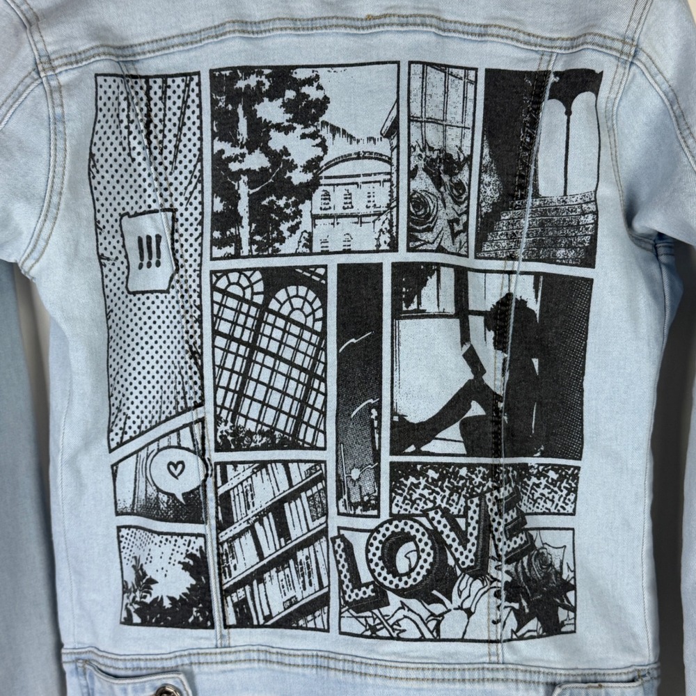 Blue Topic Women's Small Girl Power Comic Graphic Denim Jacket Light Wash - Picture 12 of 12